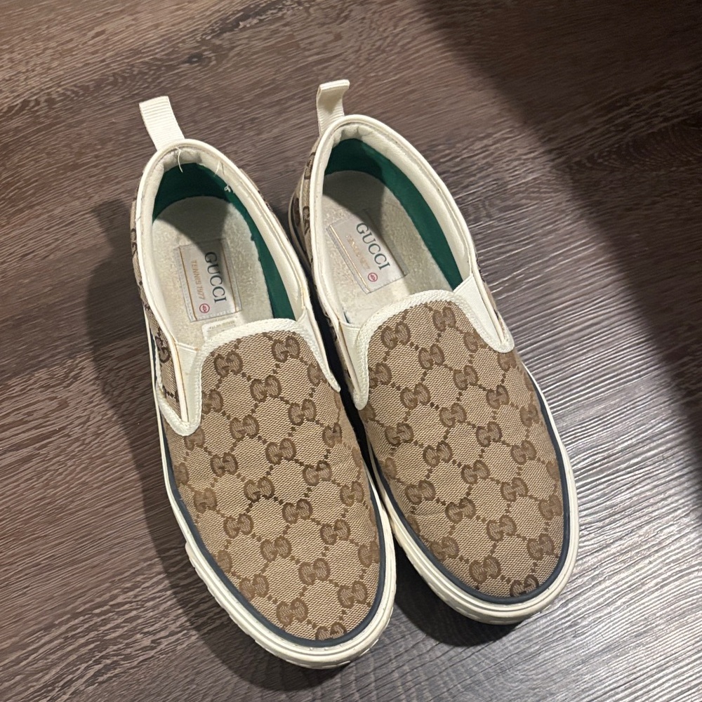 Gucci Beige and Brown Monogram Slip-Ons